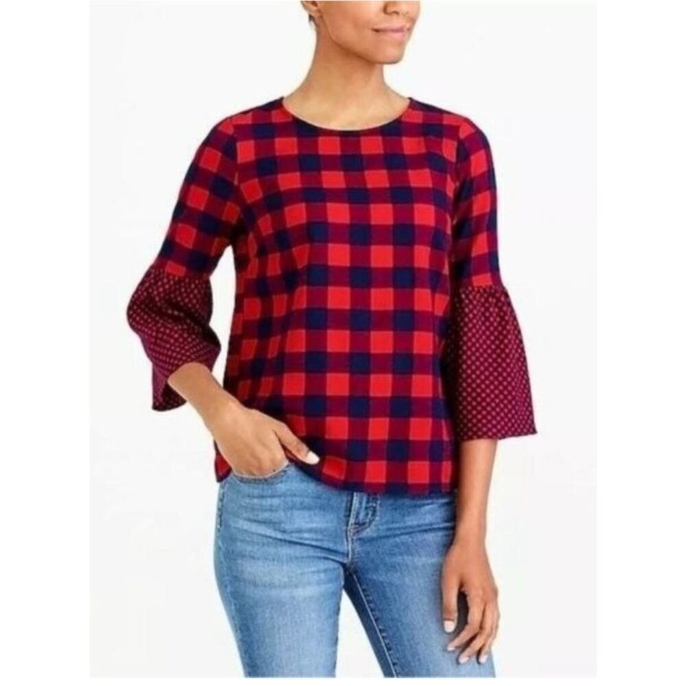 J. Crew‎ Mercantile Buffalo Red Navy Checked Top  Flared Sleeves Flannel Size 10